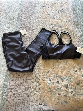 Fabletics Black Faux-Leather Sports Bra & Leggings Set
